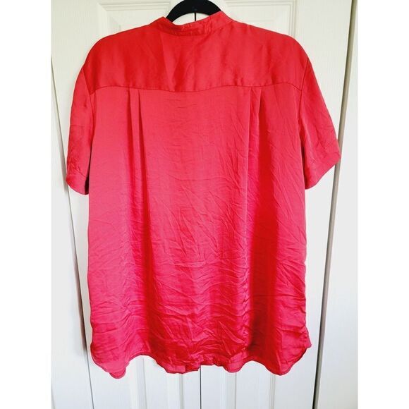 Chico's 3 Silk Blouse Red Button Front Short Sleeve Top Mandarin Collar - Picture 2 of 6